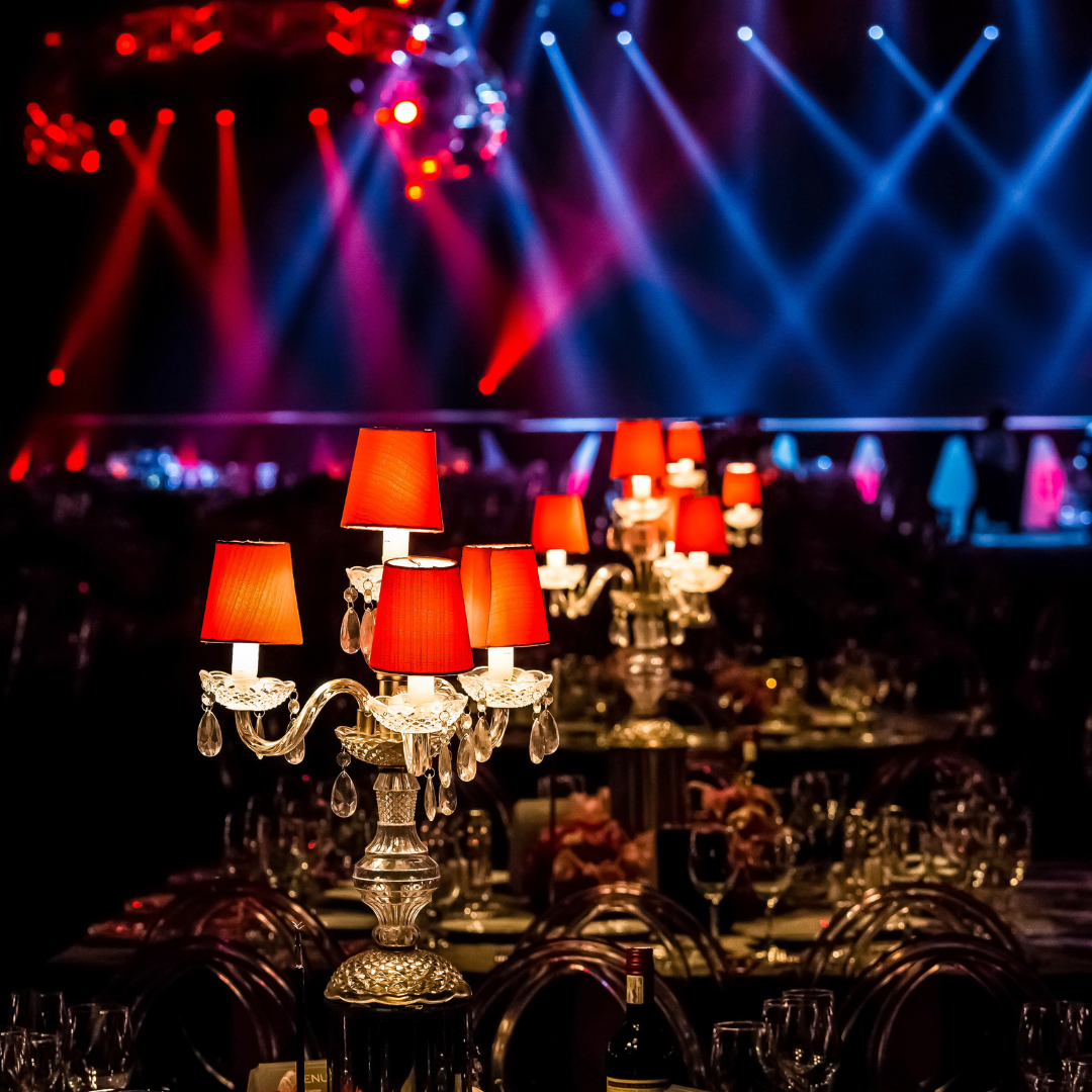Gala image example table setting with chandelier center piece.
